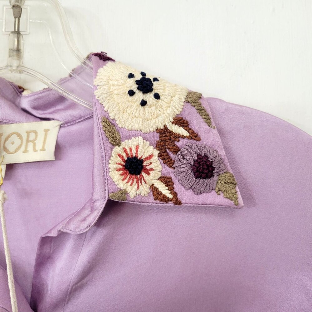 La Fuori Lavender Silk Embroidered Floral Shirt Women's XL with Original Tags - Picture 8 of 9